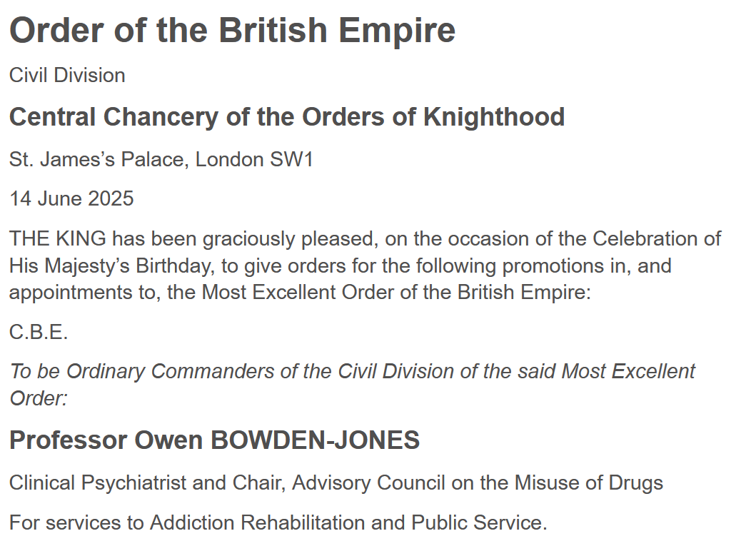 An excerpt from The Gazette on 14 June 2025, showing that Professor Owen Bowden-Jones has been awarded a CBE